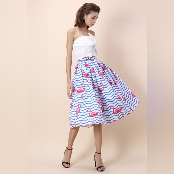 Pink Flamingo Nautical Blue White Stripe High Waisted Full Midi Skirt - Picture 14 of 16